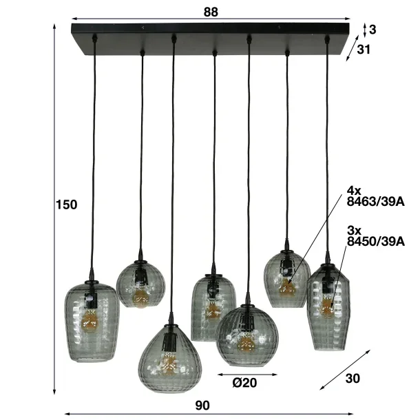 Loftslampe med 7 glaskupler