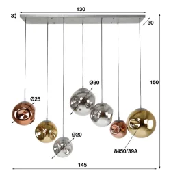 Loftslampe med 7 glaskupler i forskellige farver glas