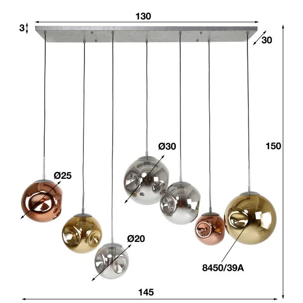 Loftslampe med 7 glaskupler i forskellige farver glas