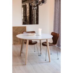 Spisebord, hvid laminat med ege ben,  100 cm.