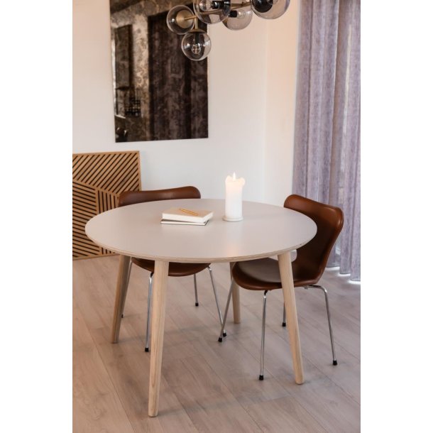 Spisebord, hvid laminat med ege ben,  100 cm.