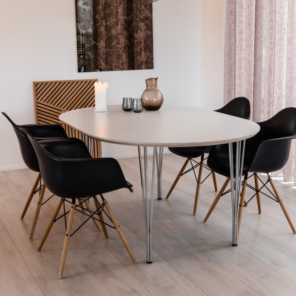 Spisebord incl. 1 tillgsplade, hvid laminat med metalben,  90 cm.
