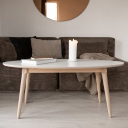 Sofabord, hvid laminat top og stel i ege tr, 60 x 120 cm.