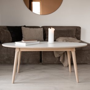 Sofabord, hvid laminat top og stel i ege tr�, 60 x 120 cm.