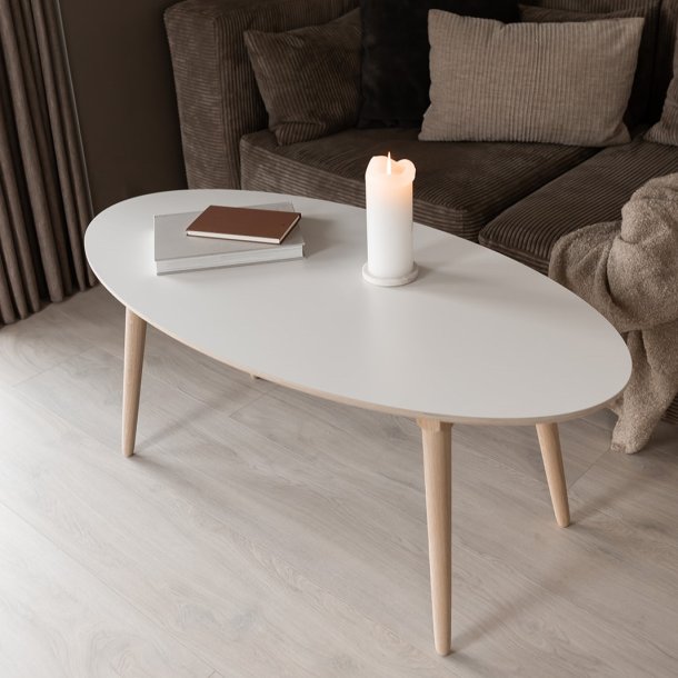 Sofabord, hvid laminat top og stel i ege tr, 60 x 120 cm.