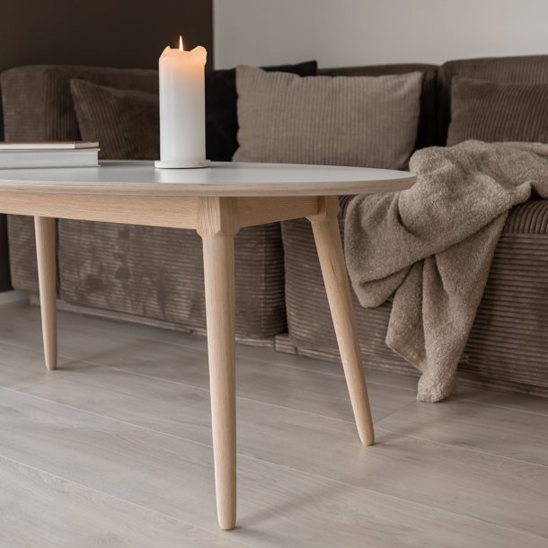 Sofabord, hvid laminat top og stel i ege tr, 60 x 120 cm.